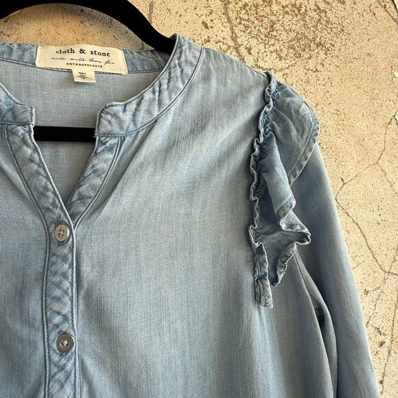 Anthropologie Dress Denim Chambray 100% Tencel Ruffle Long Sleeve Cloth Stone M - Picture 7 of 9